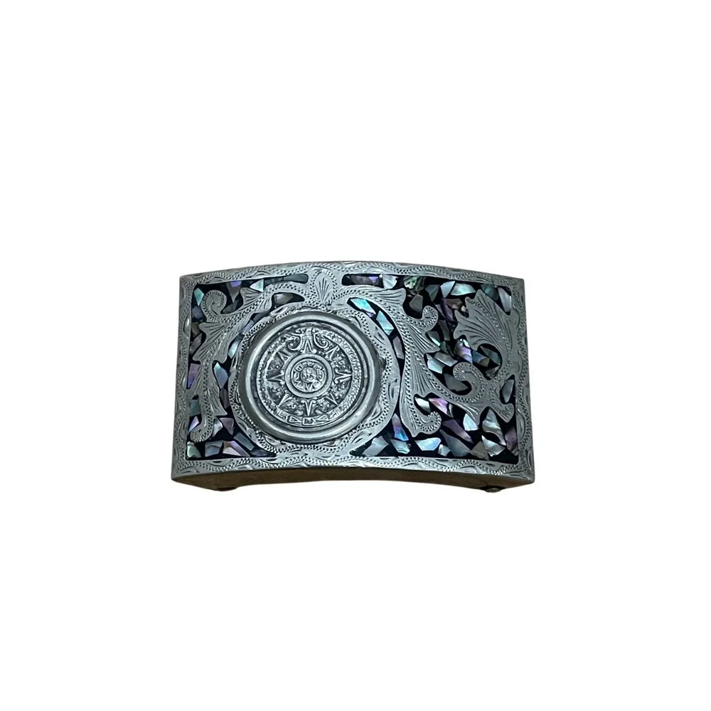 Vintage Alpaca Mexico Aztec Sun Calendar Abalone Shell Inlay Belt Buckle Silver